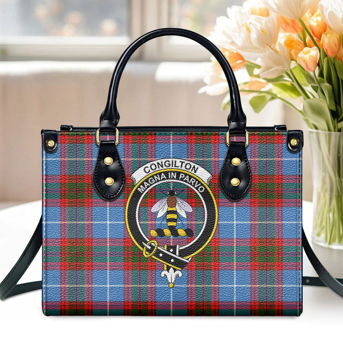 Congilton Tartan Crest Leather Handbag