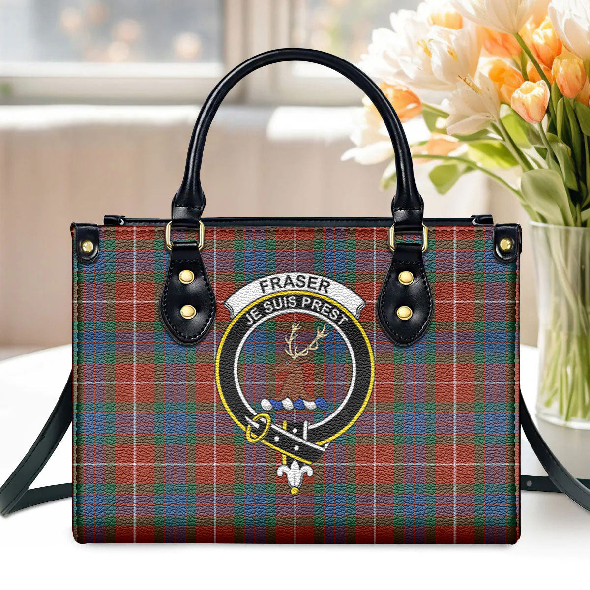 Fraser (of Lovat) Ancient Tartan Crest Leather Handbag