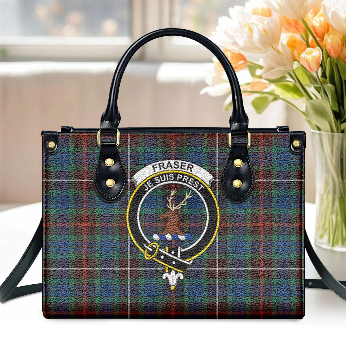 Fraser (of Lovat) Hunting Ancient Tartan Crest Leather Handbag