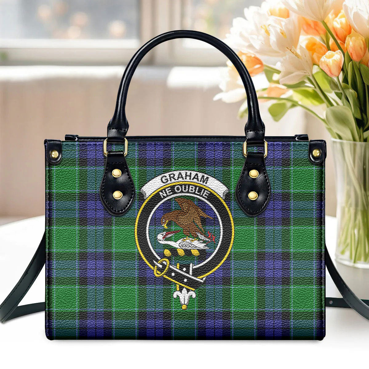 Graham of Menteith Modern Tartan Crest Leather Handbag