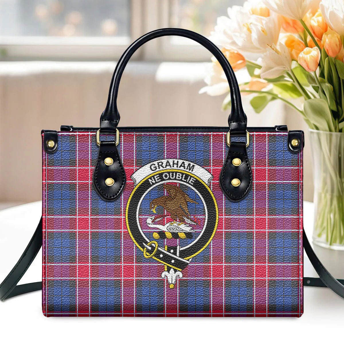 Graham of Menteith Red Tartan Crest Leather Handbag