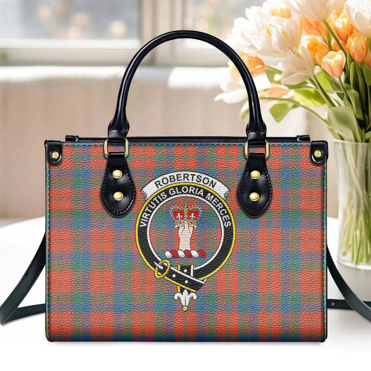 Robertson Ancient Tartan Crest Leather Handbag