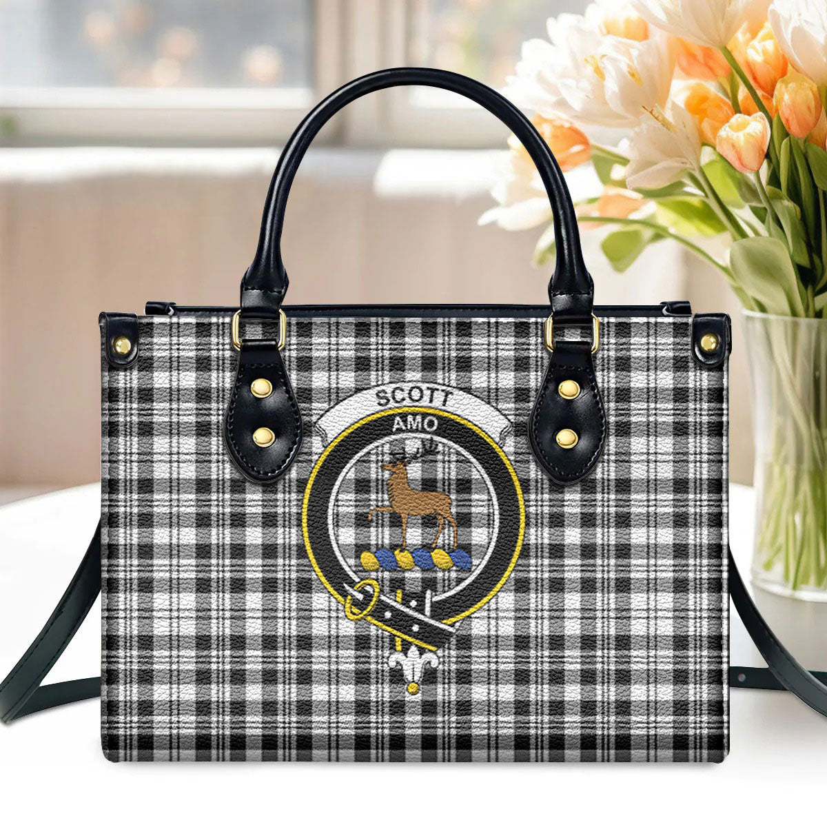 Scott Black & White Modern Tartan Crest Leather Handbag