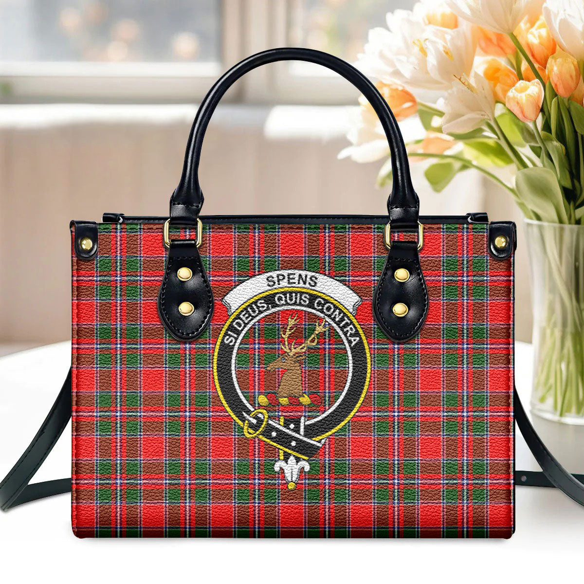 Spens (or Spence) Tartan Crest Leather Handbag