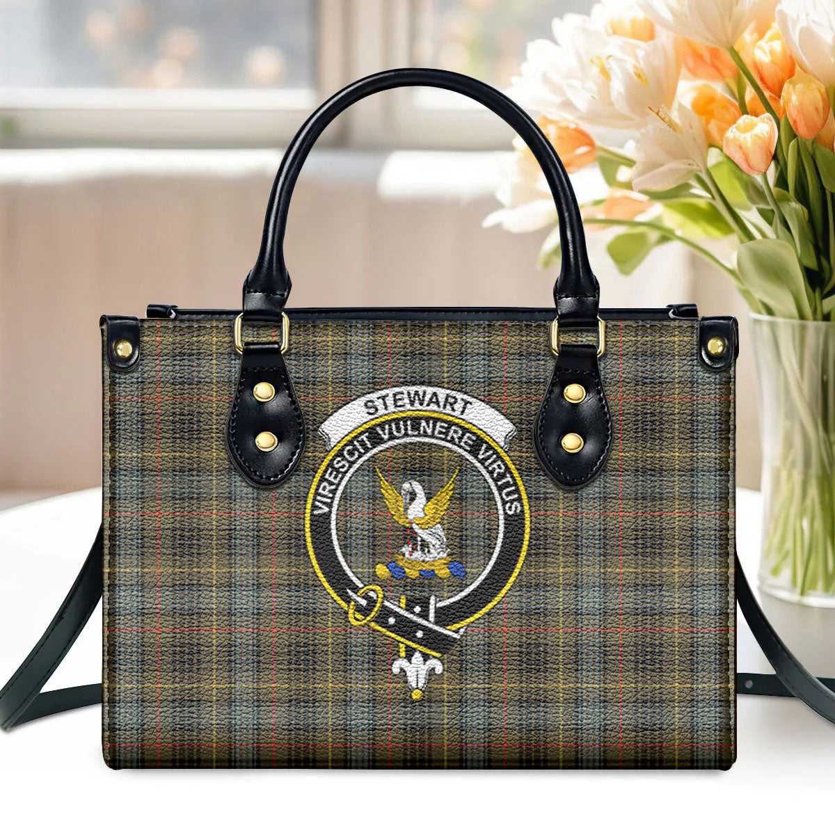 Stewart Hunting Weathered Tartan Crest Leather Handbag