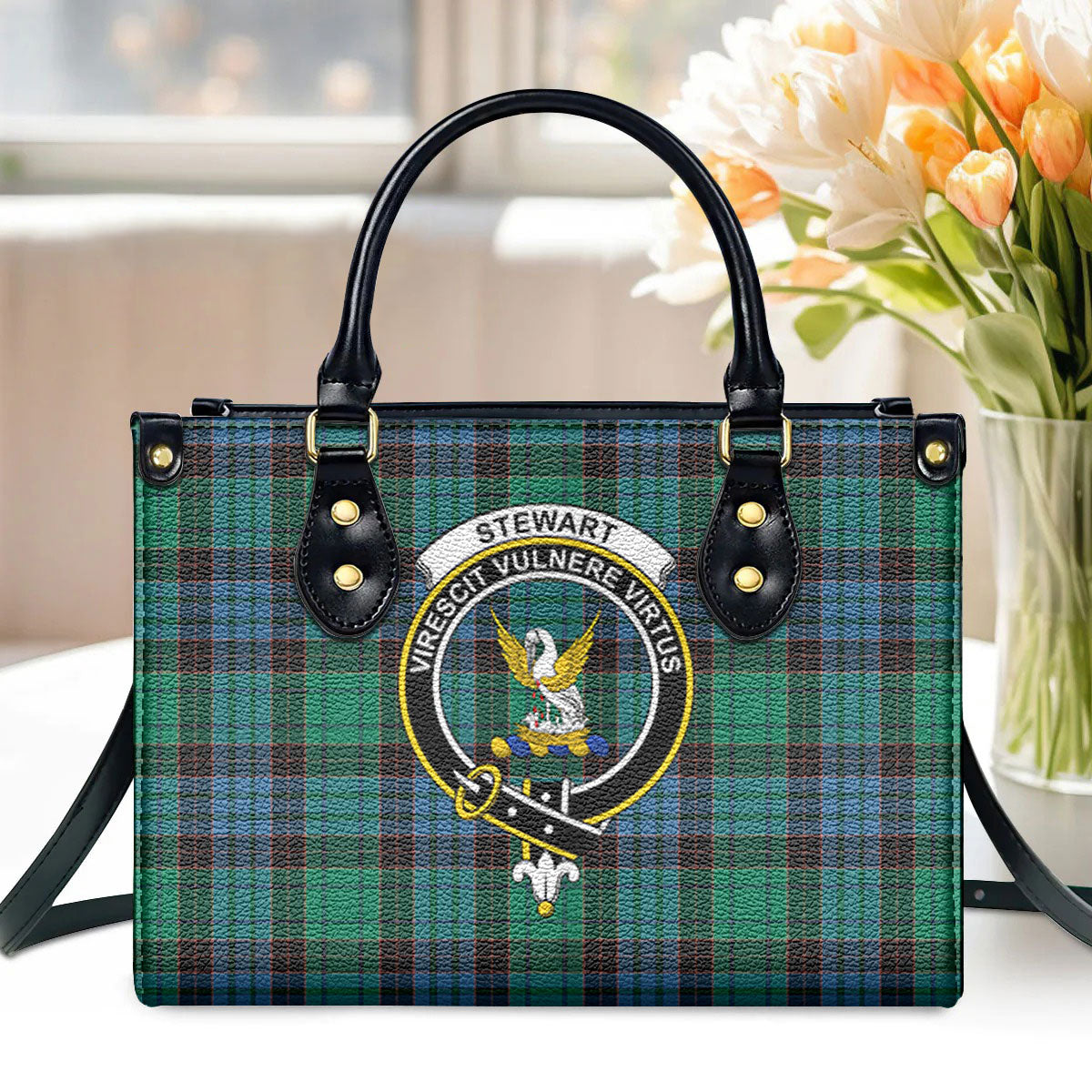 Stewart Old Ancient Tartan Crest Leather Handbag