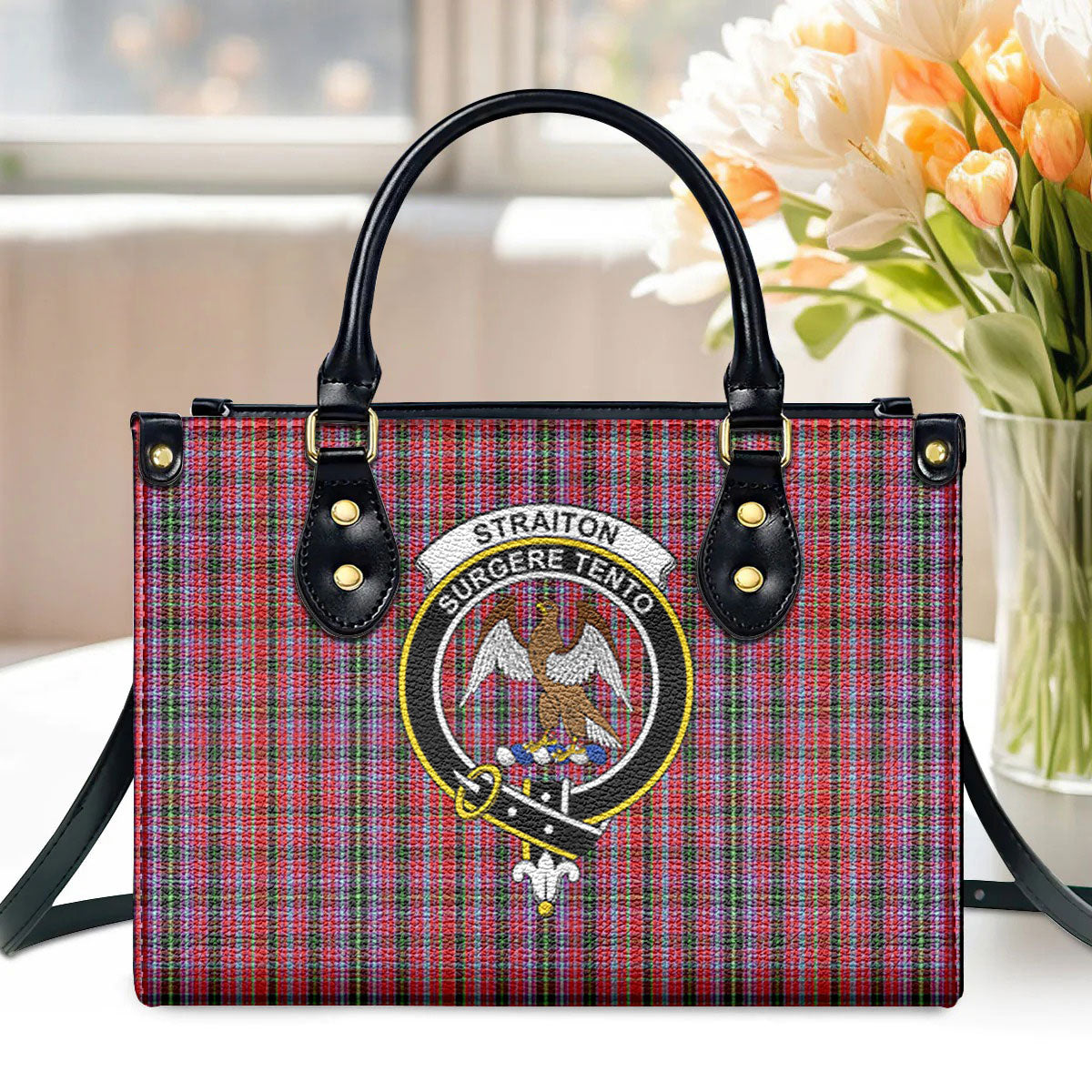 Straiton Tartan Crest Leather Handbag