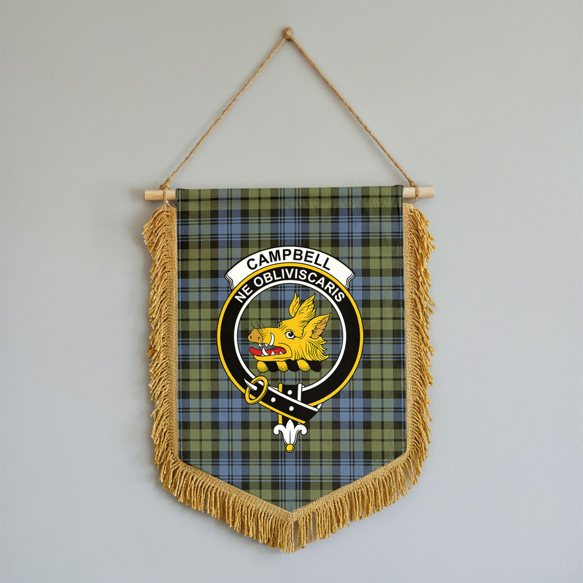 Campbell Faded Tartan Crest Wall Hanging Banner - Wood Pole