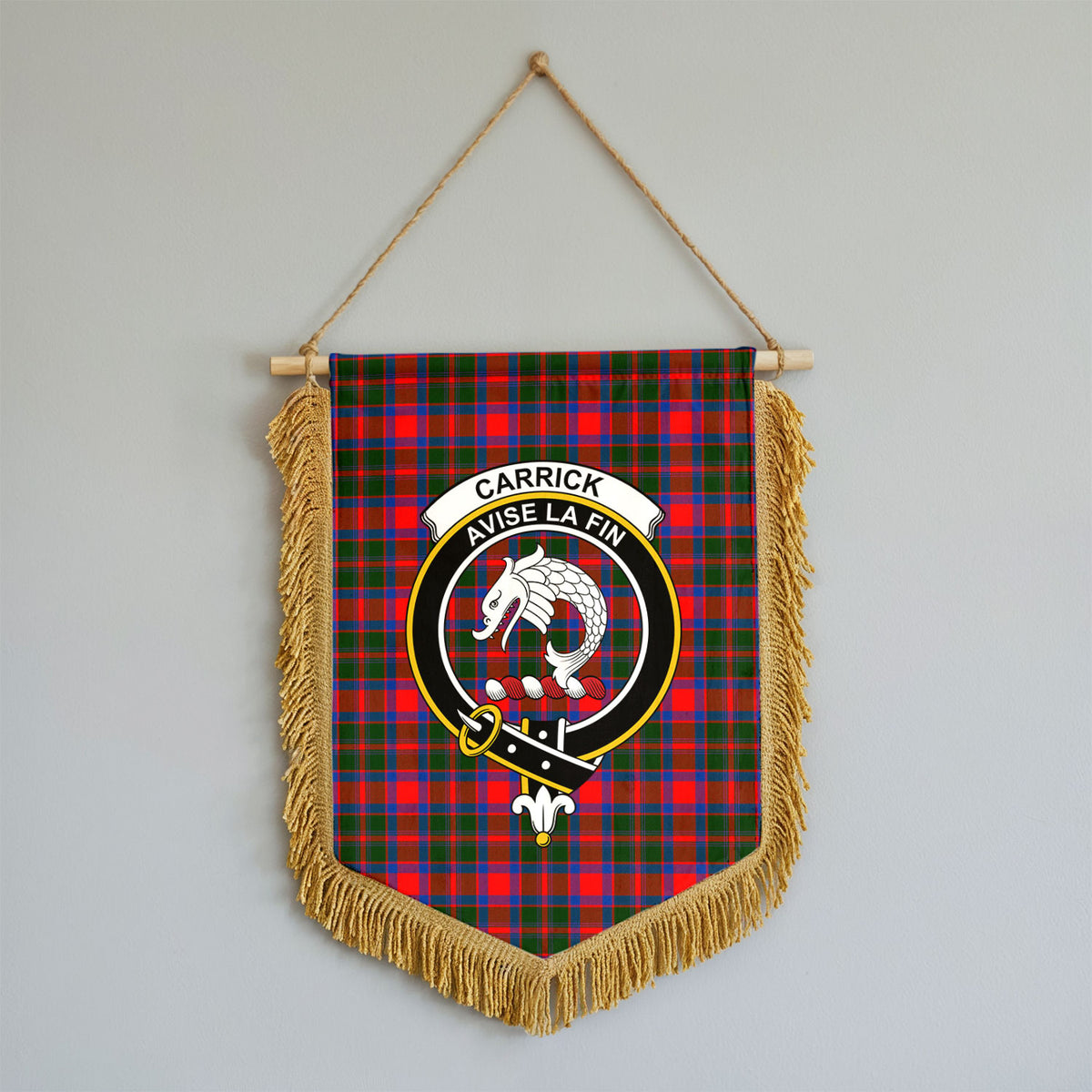 Carrick District Tartan Crest Wall Hanging Banner - Wood Pole
