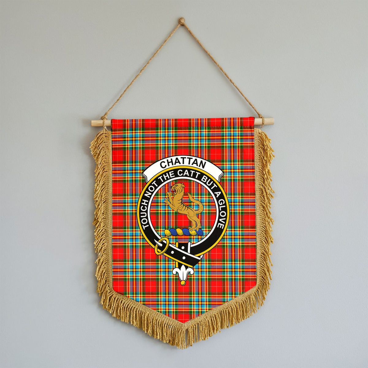 Chattan Tartan Crest Wall Hanging Banner - Wood Pole