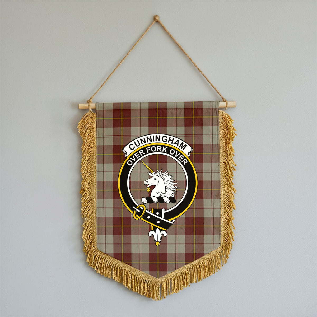 Cunningham Burgundy Dancers Tartan Crest Wall Hanging Banner - Wood Pole