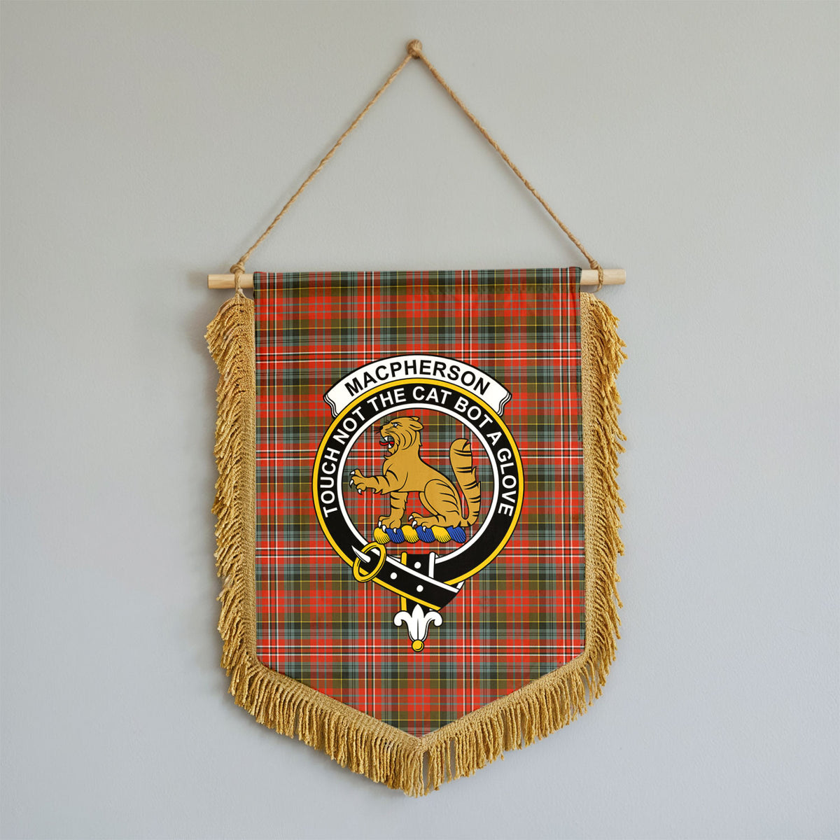 MacPherson Weathered Tartan Crest Wall Hanging Banner - Wood Pole