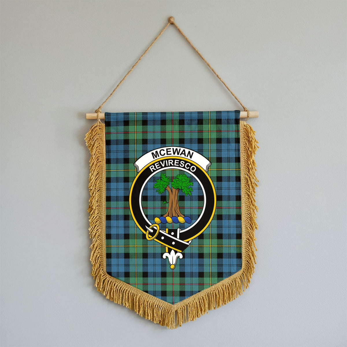 McEwan Ancient Tartan Crest Wall Hanging Banner - Wood Pole