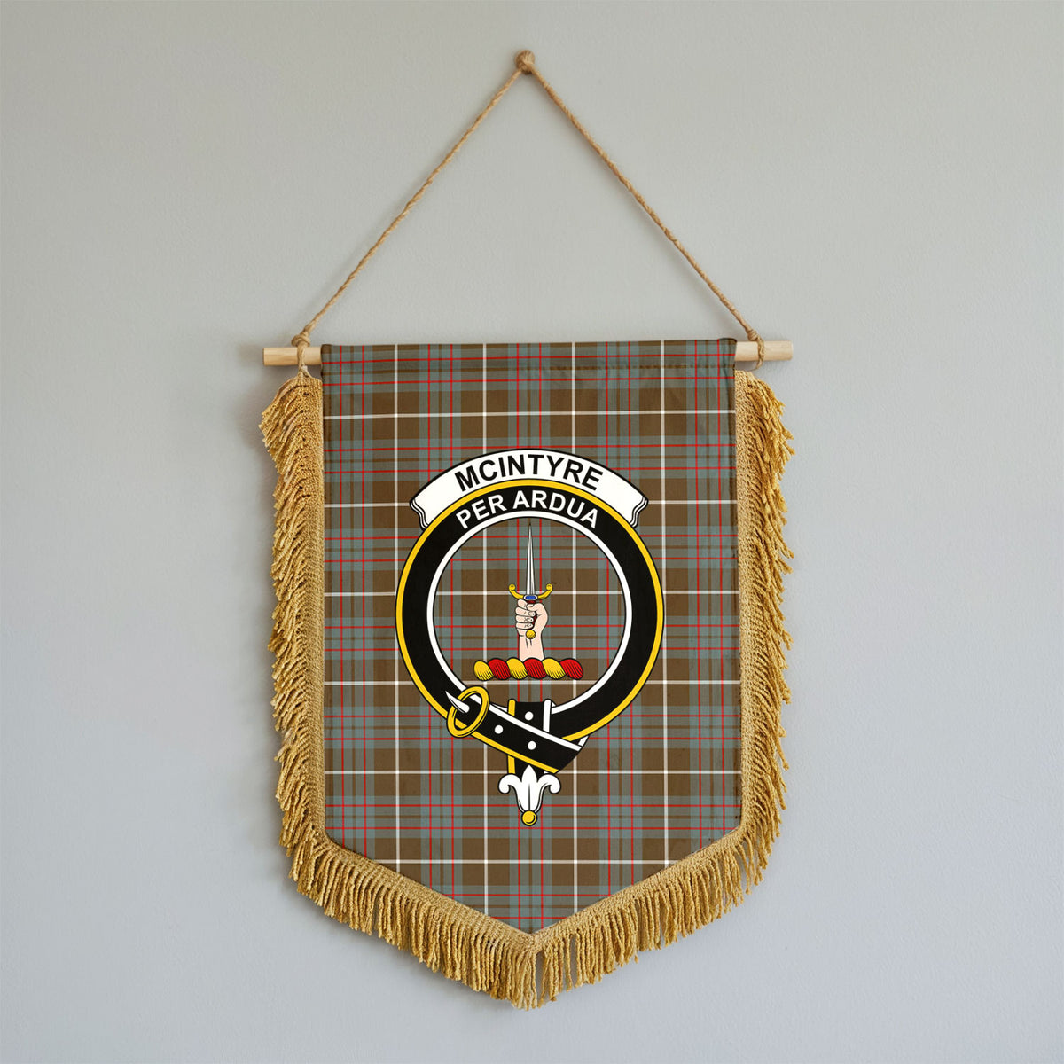 McIntyre Hunting Weathered Tartan Crest Wall Hanging Banner - Wood Pole
