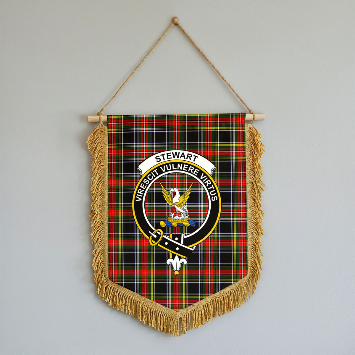 Stewart Black Tartan Crest Wall Hanging Banner - Wood Pole