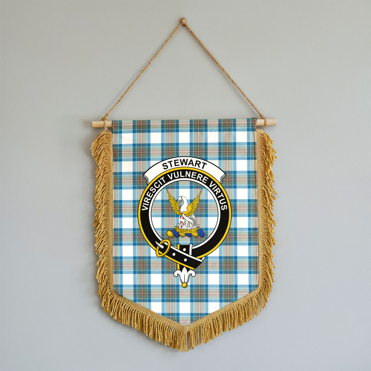Stewart Muted Blue Tartan Crest Wall Hanging Banner - Wood Pole