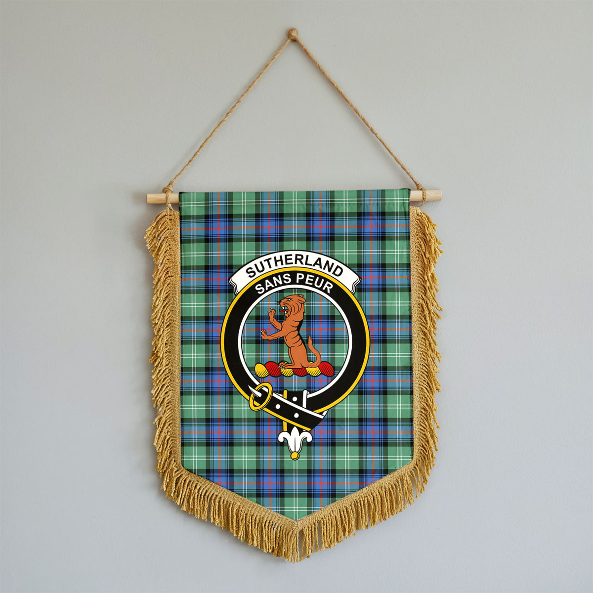 Sutherland Old Ancient Tartan Crest Wall Hanging Banner - Wood Pole