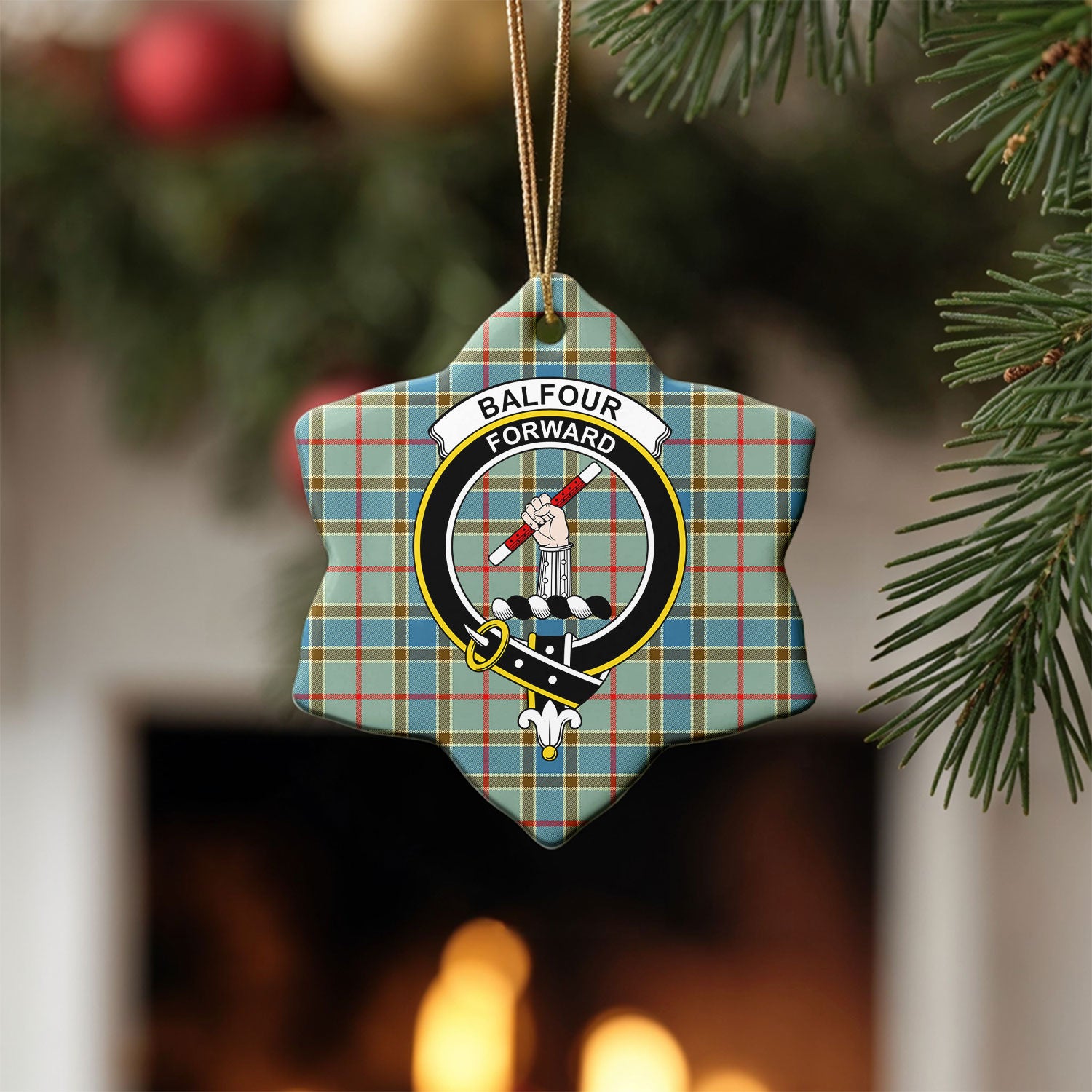 Balfour Blue Tartan Crest Christmas Ceramic Ornament