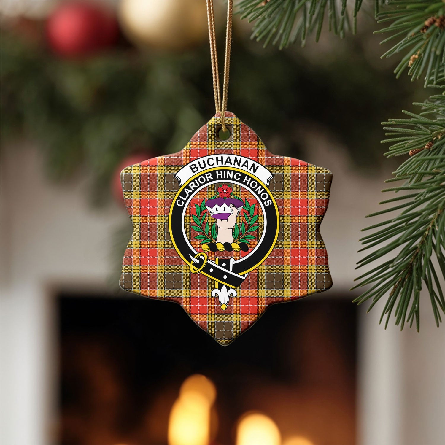 Buchanan Old Set Weathered Tartan Crest Christmas Ceramic Ornament