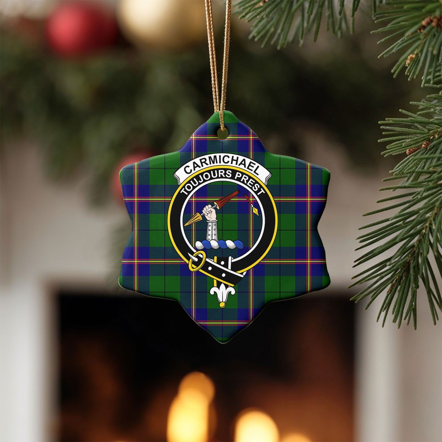 Carmichael Modern Tartan Crest Christmas Ceramic Ornament