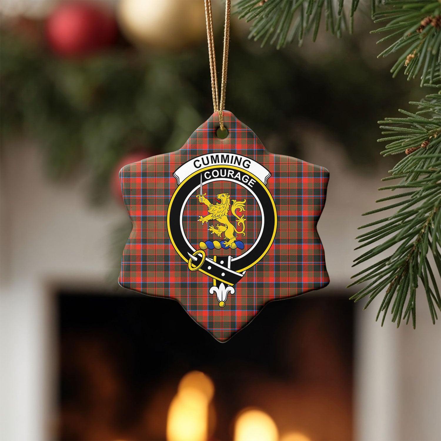 Cumming Hunting Weathered Tartan Crest Christmas Ceramic Ornament