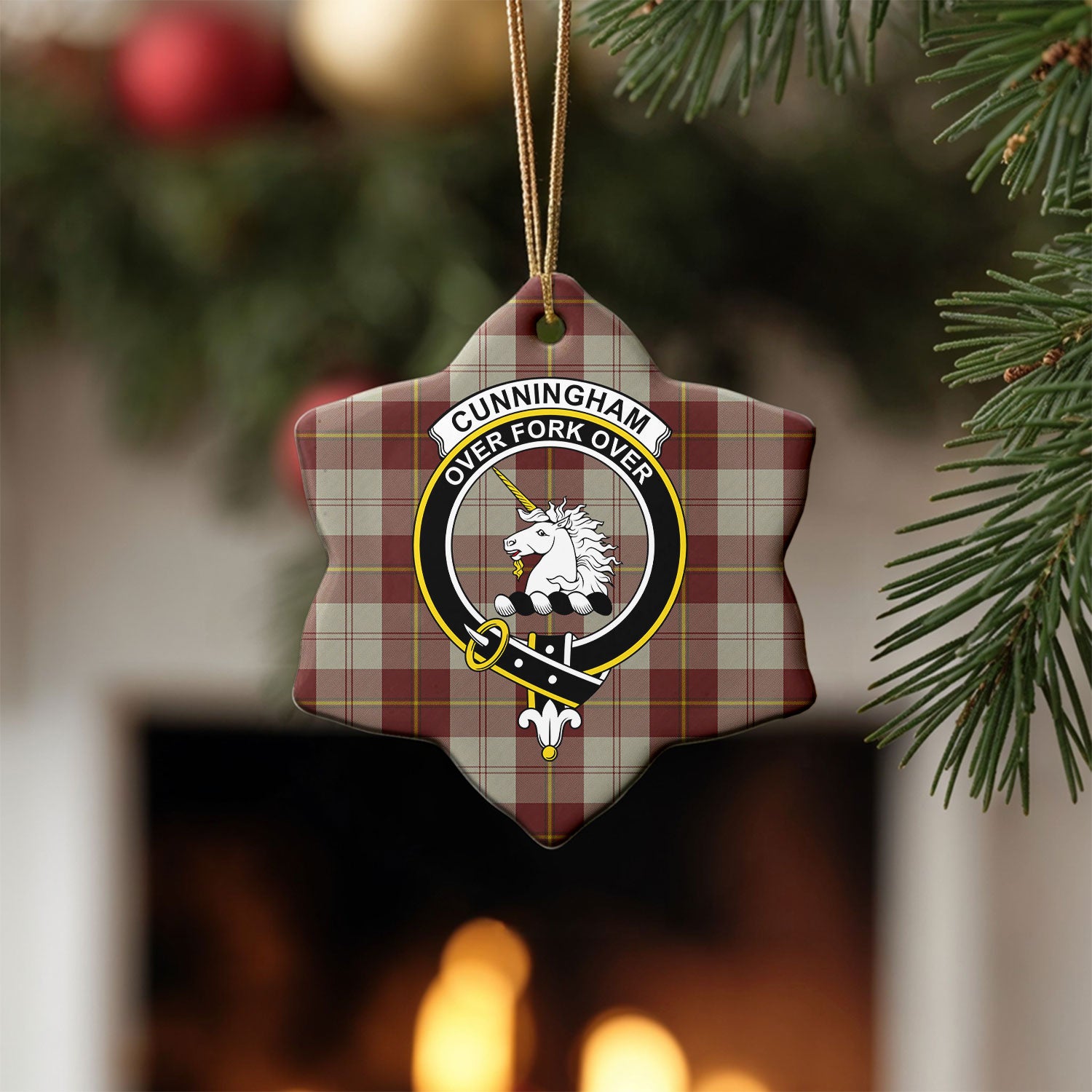 Cunningham Burgundy Dancers Tartan Crest Christmas Ceramic Ornament