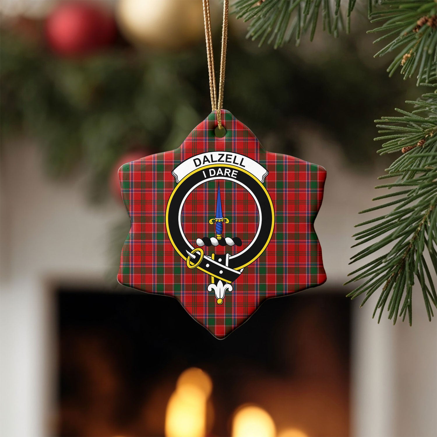Dalzell Tartan Crest Christmas Ceramic Ornament