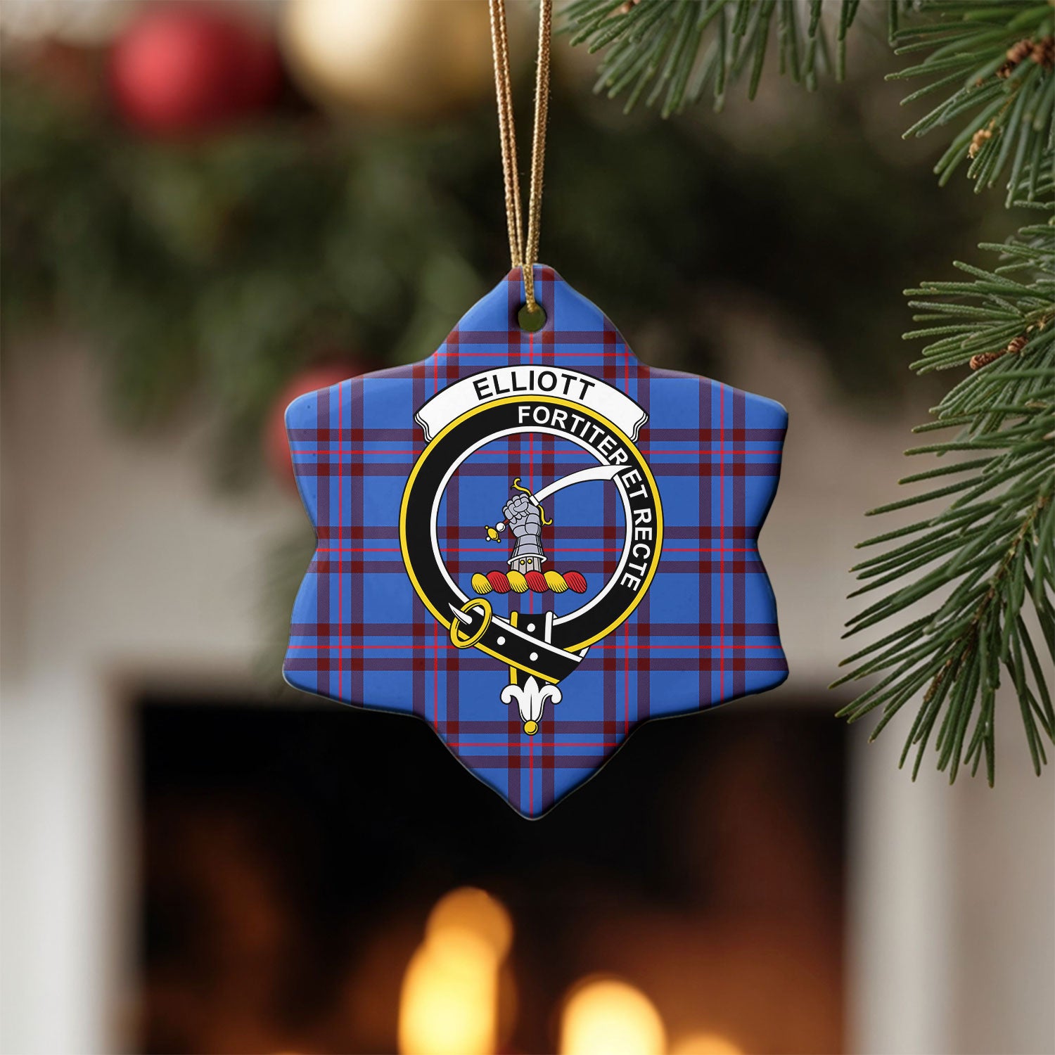 Elliott Modern Tartan Crest Christmas Ceramic Ornament