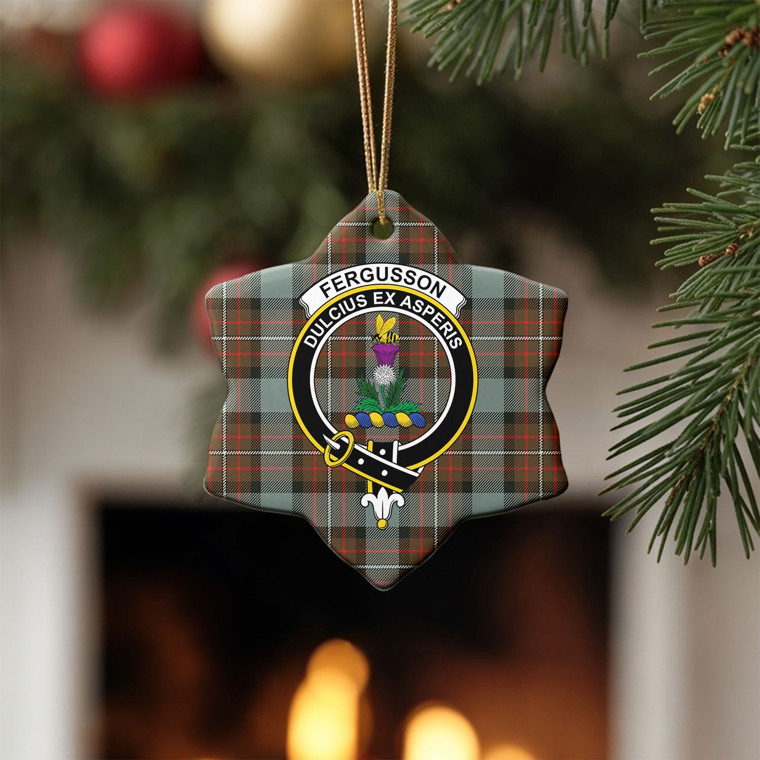 Fergusson Weathered Tartan Crest Christmas Ceramic Ornament