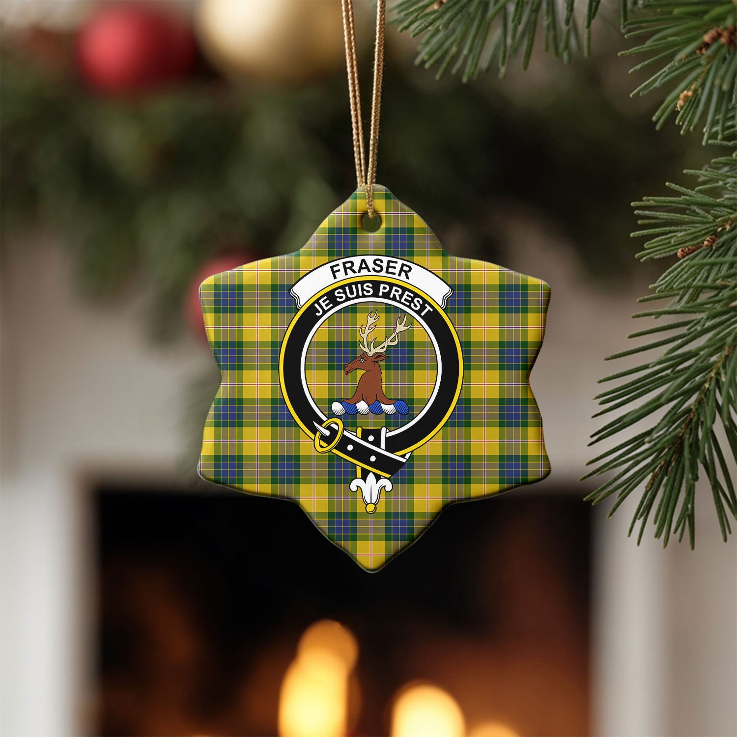 Fraser (of Lovat) Yellow Tartan Crest Christmas Ceramic Ornament