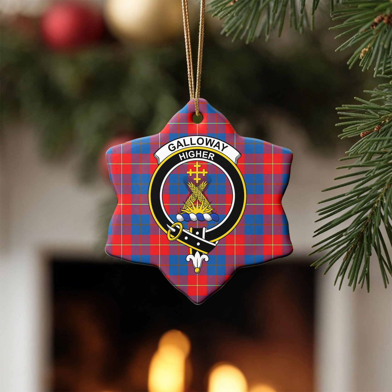 Galloway Red Tartan Crest Christmas Ceramic Ornament