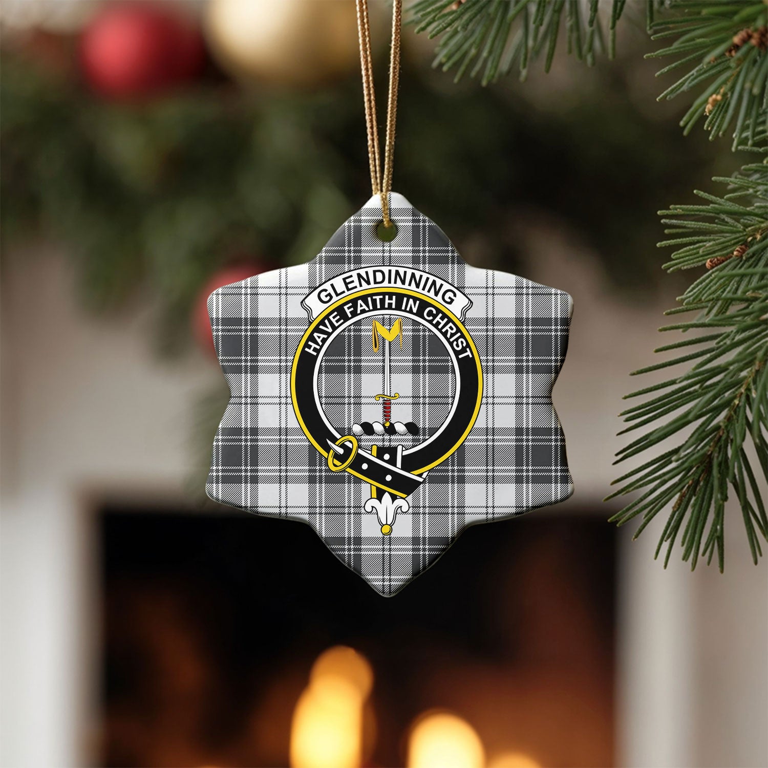 Glendinning Tartan Crest Christmas Ceramic Ornament
