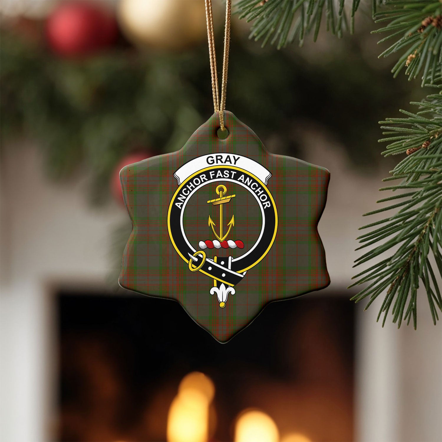 Gray Tartan Crest Christmas Ceramic Ornament