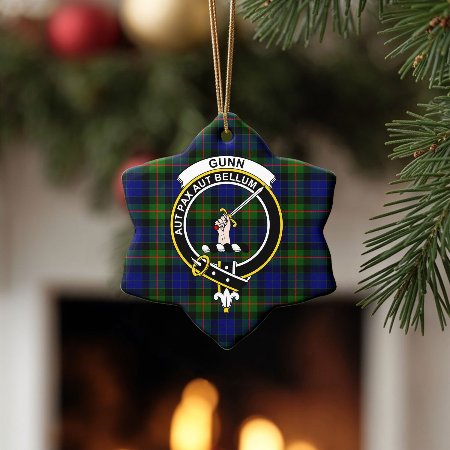 Gunn Modern Tartan Crest Christmas Ceramic Ornament