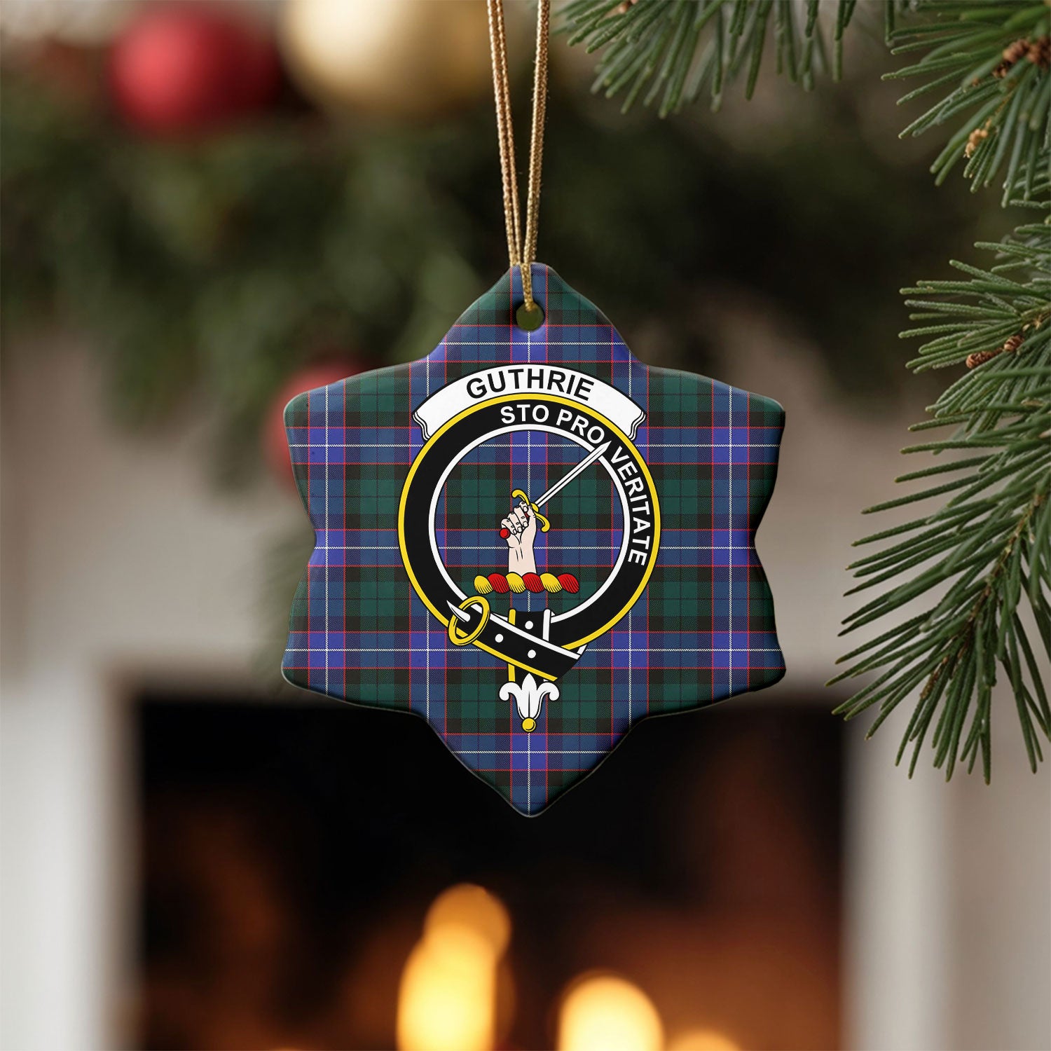 Guthrie Modern Tartan Crest Christmas Ceramic Ornament