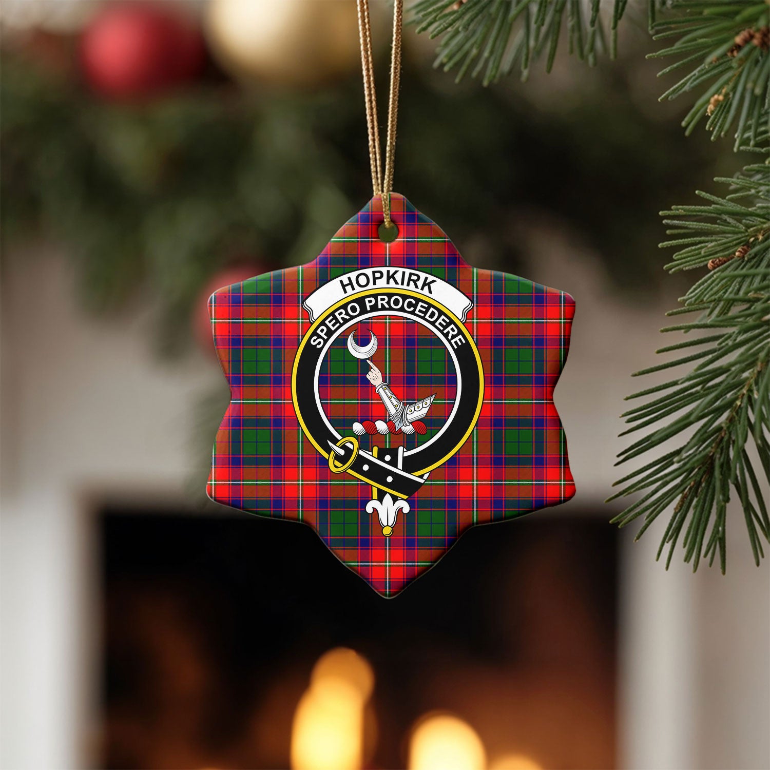 Hopkirk Tartan Crest Christmas Ceramic Ornament