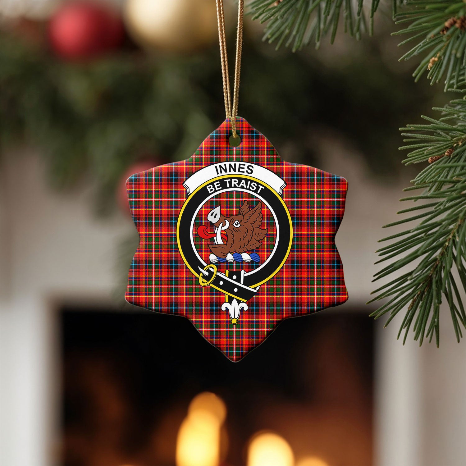 Innes Modern Tartan Crest Christmas Ceramic Ornament