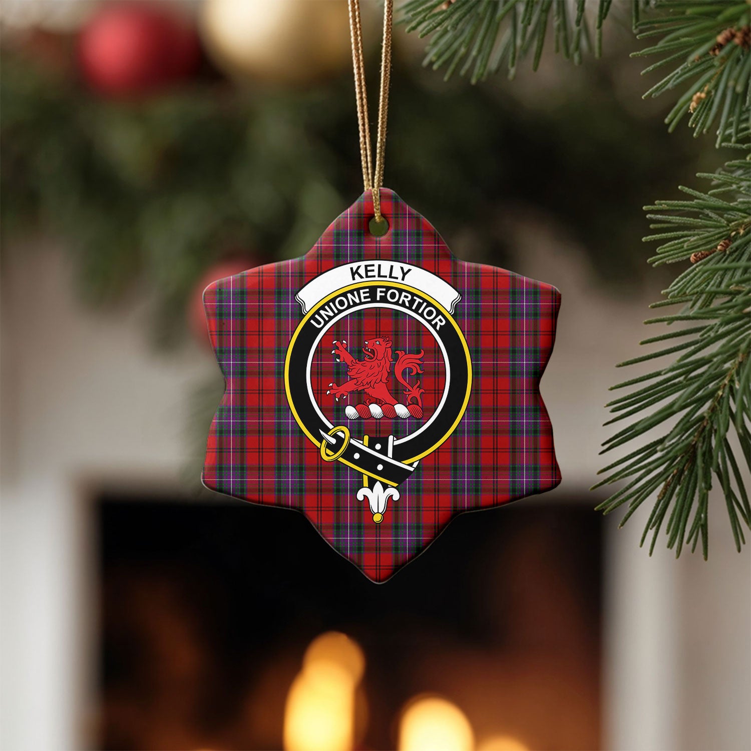 Kelly of Sleat Red Tartan Crest Christmas Ceramic Ornament