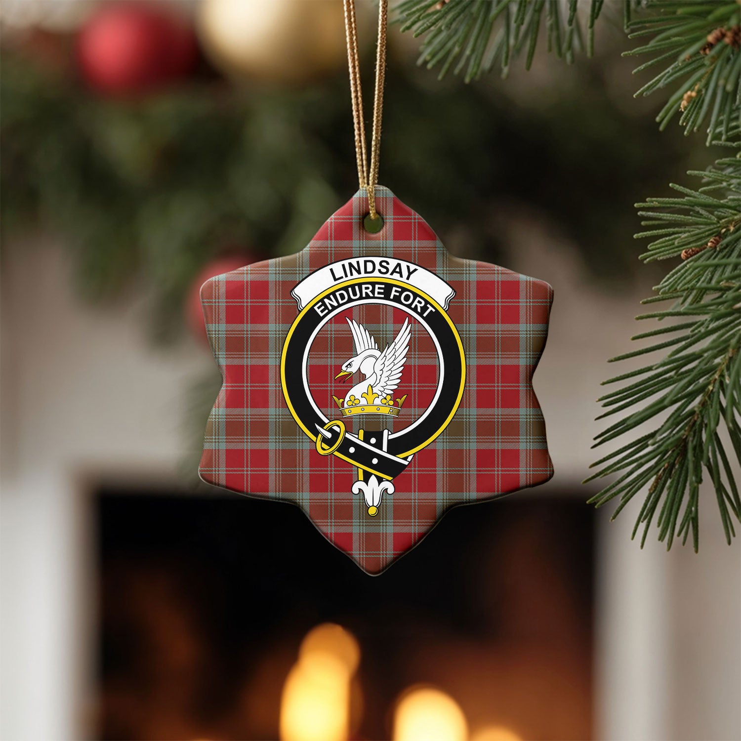 Lindsay Weathered Tartan Crest Christmas Ceramic Ornament