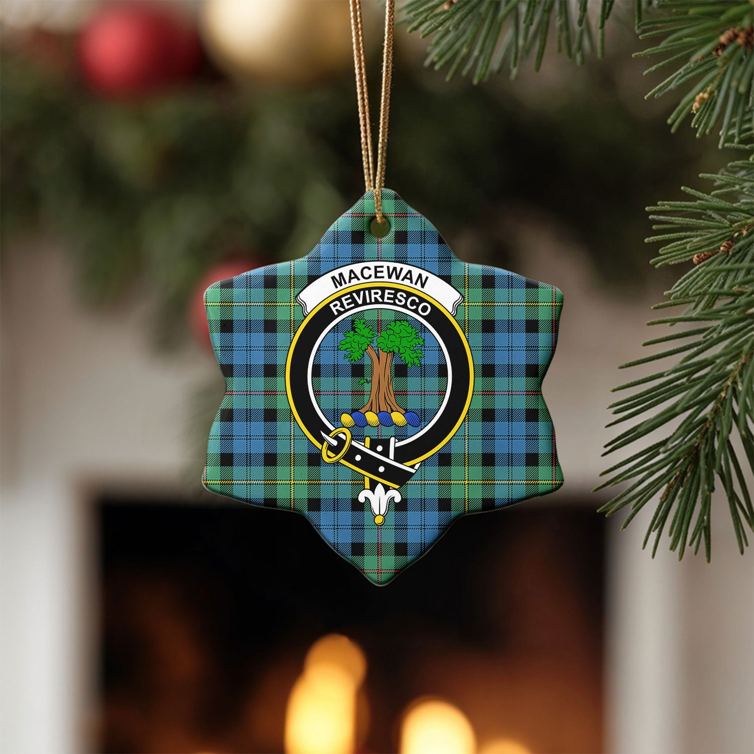 MacEwan Ancient Tartan Crest Christmas Ceramic Ornament