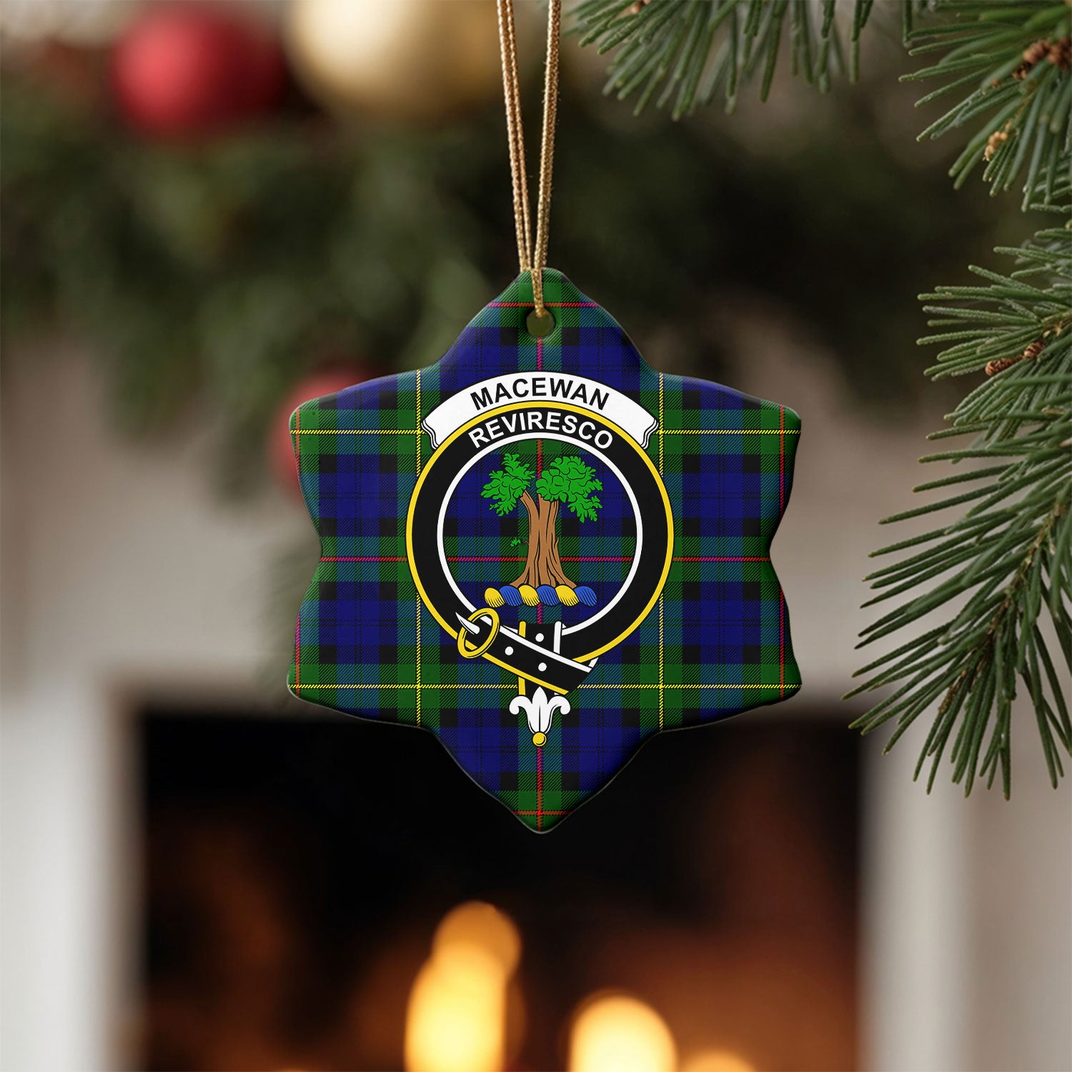 MacEwan Modern Tartan Crest Christmas Ceramic Ornament