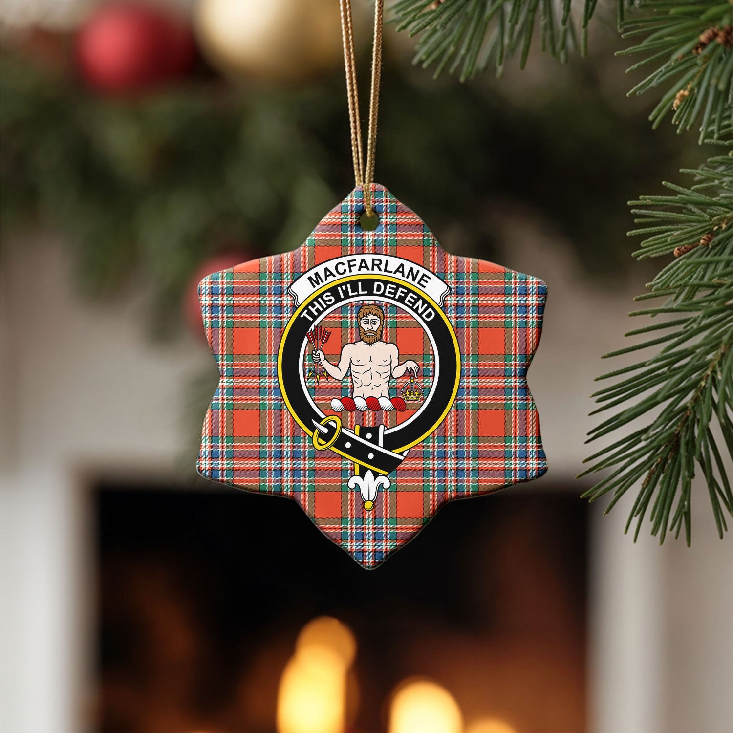 MacFarlane Ancient Tartan Crest Christmas Ceramic Ornament