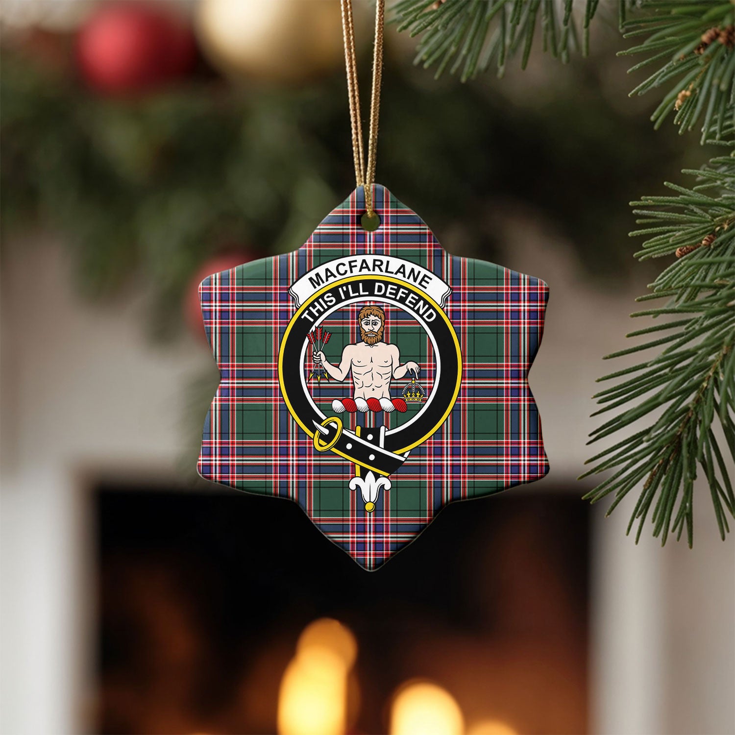 MacFarlane Hunting Modern Tartan Crest Christmas Ceramic Ornament