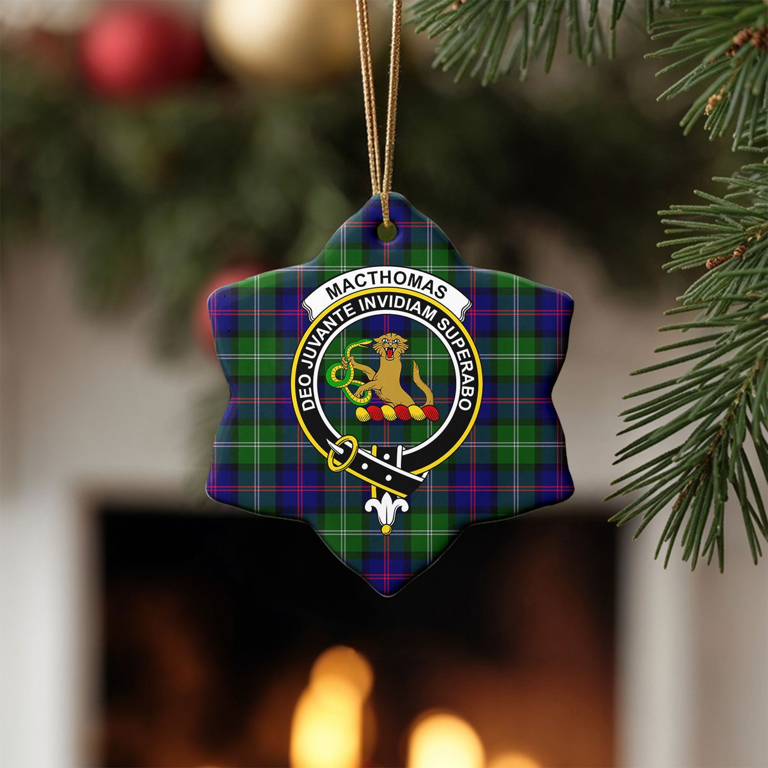 MacThomas Modern Tartan Crest Christmas Ceramic Ornament