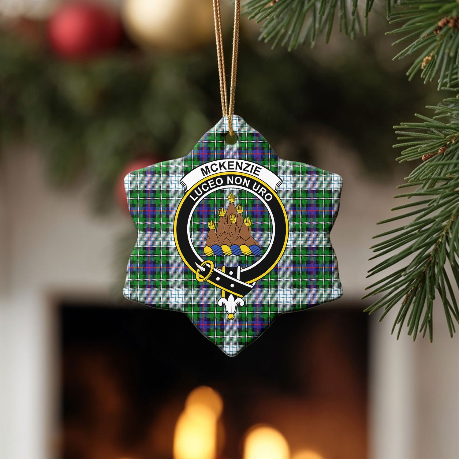 McKenzie Dress Modern Tartan Crest Christmas Ceramic Ornament