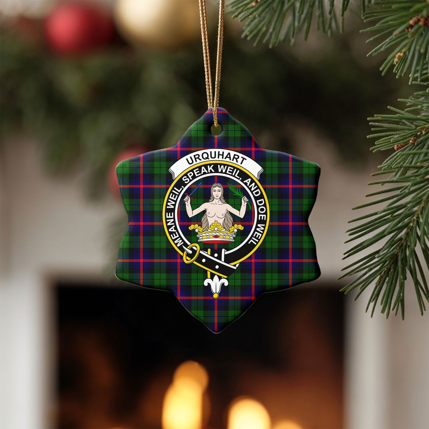 Urquhart Modern Tartan Crest Christmas Ceramic Ornament