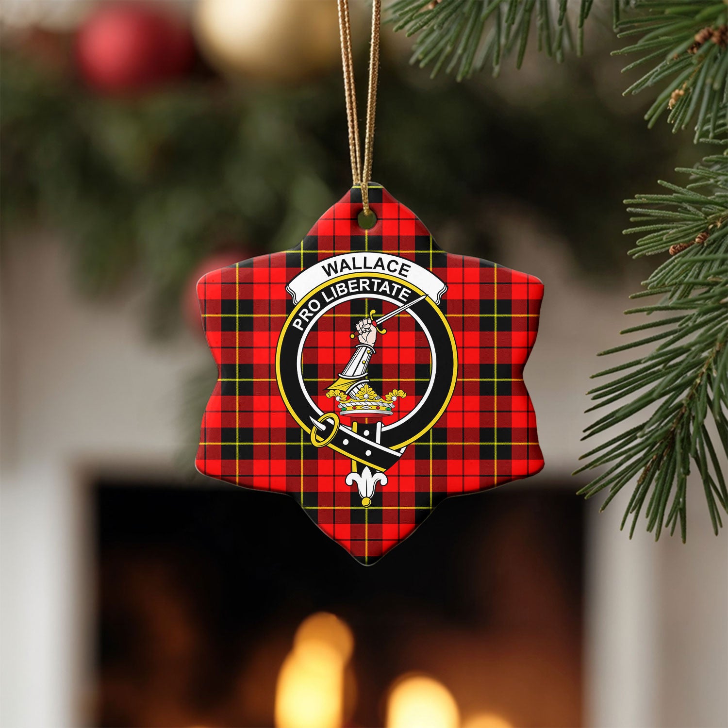 Wallace Hunting Red Tartan Crest Christmas Ceramic Ornament