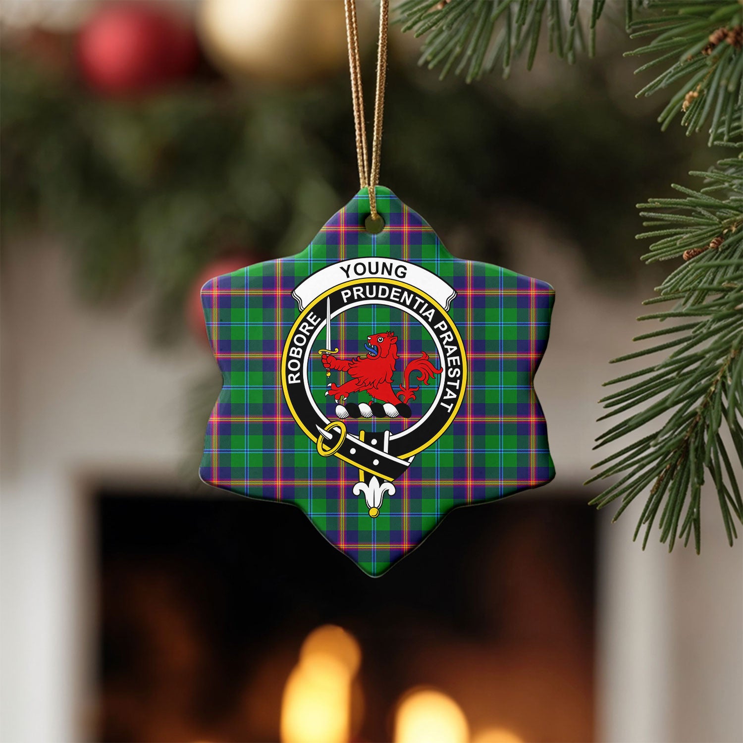 Young Modern Tartan Crest Christmas Ceramic Ornament