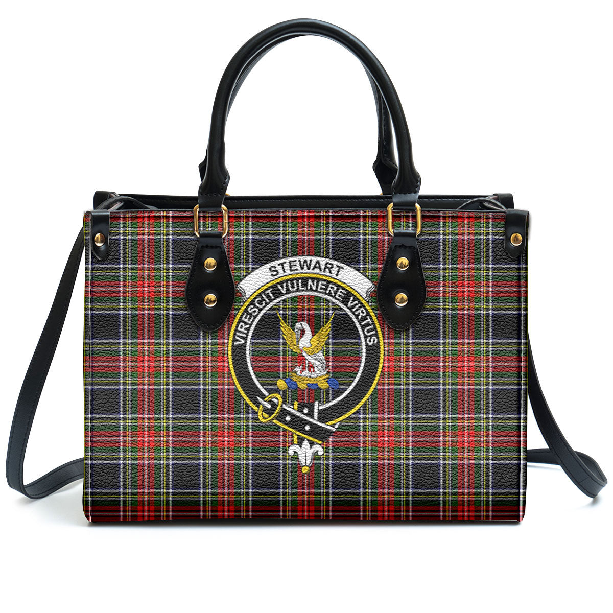 Stewart Black Tartan Crest Leather Handbag