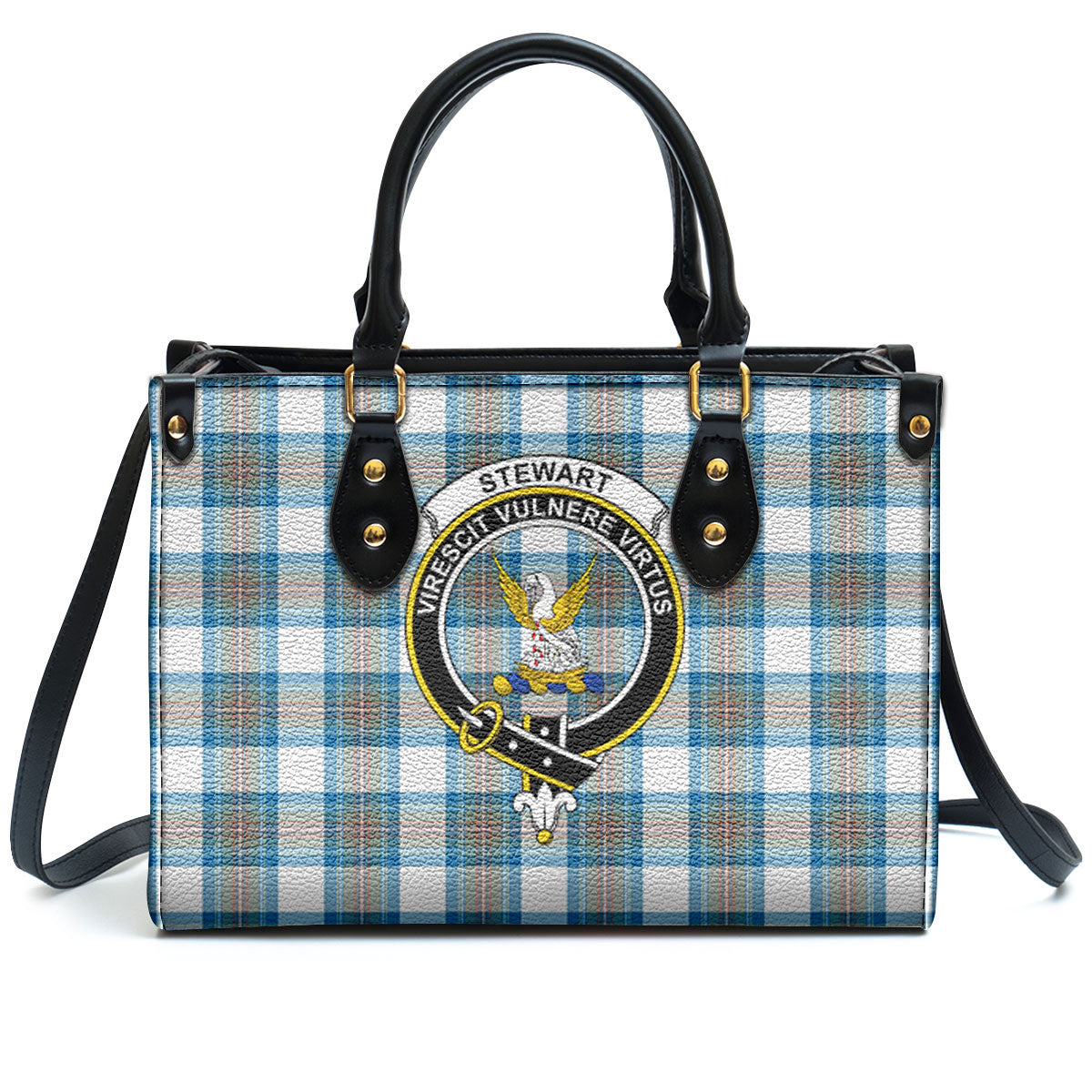 Stewart Muted Blue Tartan Crest Leather Handbag